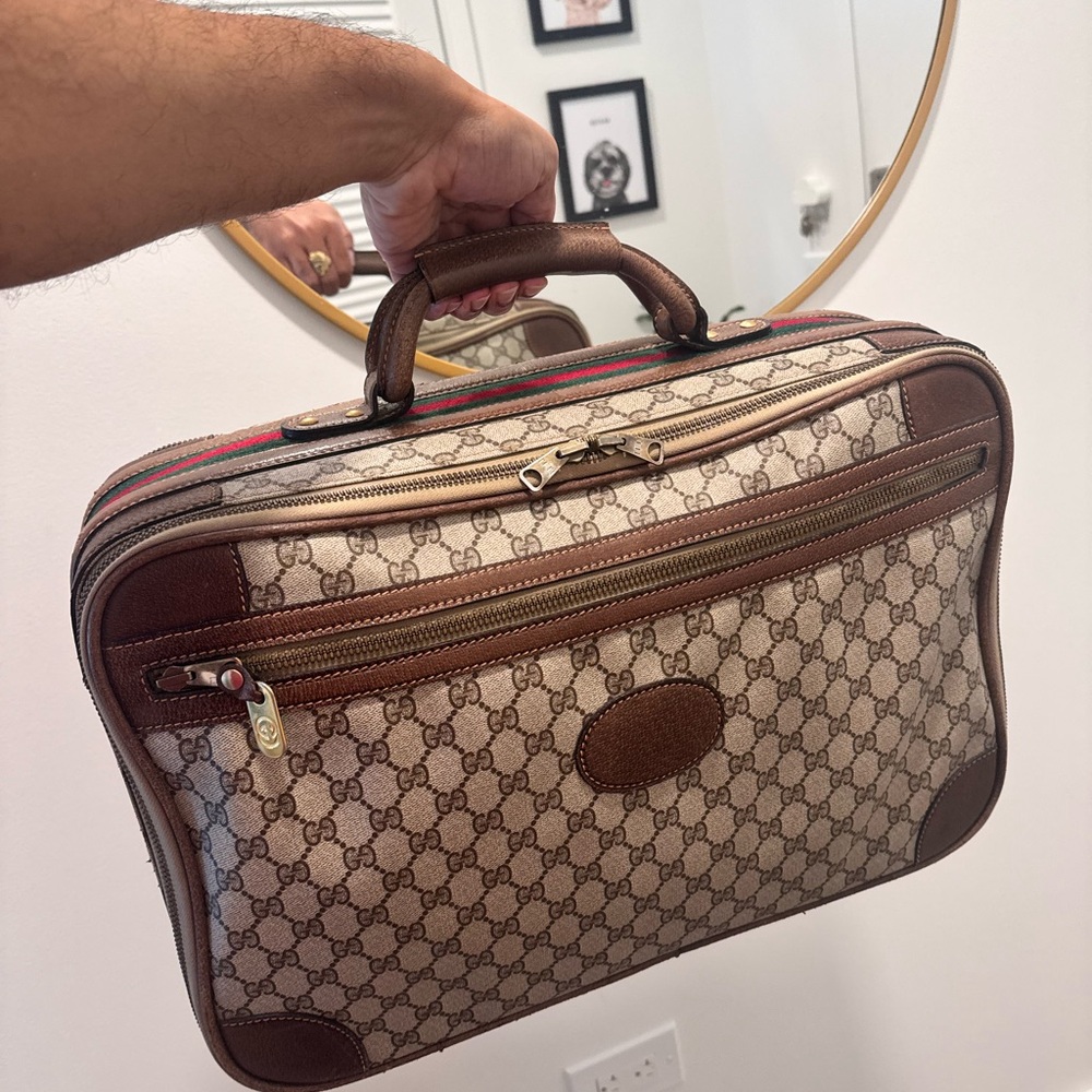 ❌SOLD❌ Gucci Beige GG Supreme Canvas Luggage Bag with Brown Trim